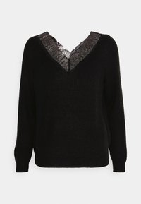 Un pull tricoté noir à manches longues avec décolleté en V, orné d'une délicate bordure en dentelle noire au niveau du col.