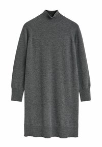 Vestito in maglia grigia con colletto alto, maniche lunghe e polsini e orlo a coste. Tessuto morbido, vestibilità comoda, design di lunghezza media.