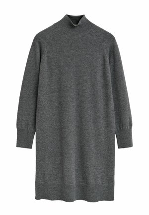 Graues, gestricktes Sweaterkleid mit hohem Kragen, langen Ärmeln und gerippten Bündchen und Saum. Weiche Textur, lockere Passform, mittellanges Design.