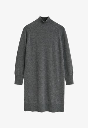 Grå strikket sweaterkjole med høj krave, lange ærmer og ribbede manchetter og kant. Blød tekstur, afslappet pasform, mellemlang design.