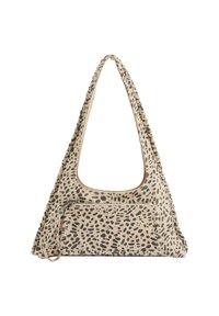 Borsa in tessuto beige con una grande apertura superiore, caratterizzata da un motivo a macchie in marrone scuro e una tasca frontale con zip per un ulteriore spazio di stoccaggio.