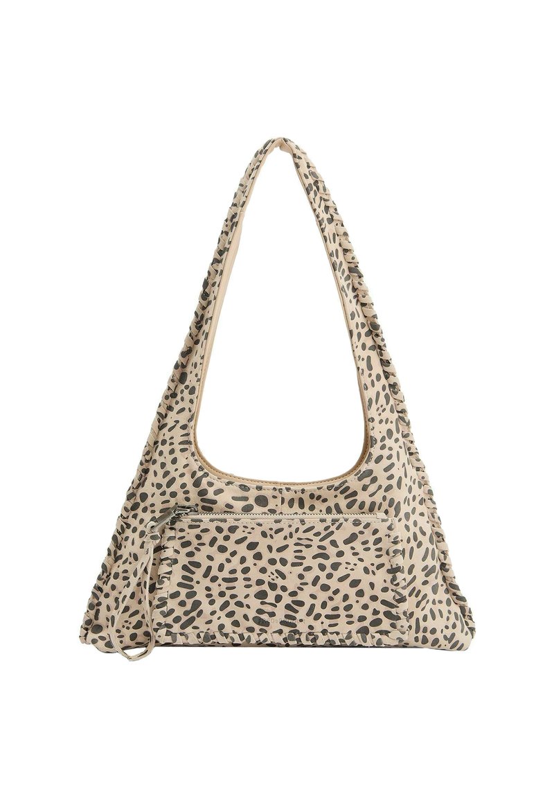 Borsa in tessuto beige con una grande apertura superiore, caratterizzata da un motivo a macchie in marrone scuro e una tasca frontale con zip per un ulteriore spazio di stoccaggio.