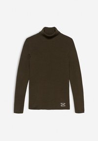 Bruine coltrui gemaakt van ribbenstof. Heeft lange mouwen en een klein grafisch logo in het wit aan de onderkant. Eenvoudig en slim fit ontwerp.