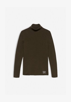 Bruine coltrui gemaakt van ribbenstof. Heeft lange mouwen en een klein grafisch logo in het wit aan de onderkant. Eenvoudig en slim fit ontwerp.