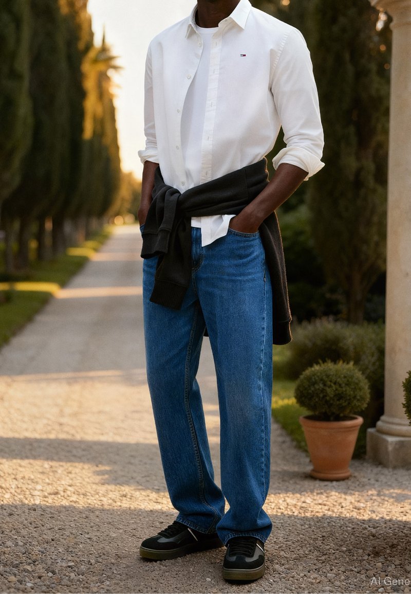 Homme debout dehors sur un chemin de gravier, portant une chemise blanche à boutons, un jean bleu, des baskets noires et un sweat-shirt noir noué autour de la taille.
