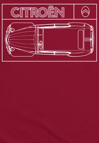 Grafický design automobilu Citroën v bílé siluetě na vínovém pozadí, zobrazující horní pohled s výraznými křivkami a detaily.