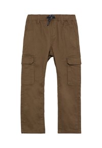 Bruine cargobroek van katoen, met een elastische tailleband met een koord, twee grote zijzakken en stikdetails.