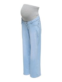 Svetlomodré tehotenské rifle s nastaviteľným pásom zo sivej látky navrhnutým tak, aby sa prispôsobil tehotenskému bruchu.