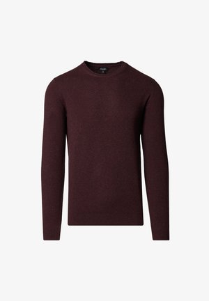 Sweter z długim rękawem, o strukturze dzianiny, z okrągłym dekoltem w kolorze ciemnego bordo, rozmiar średni, pokazany na białym tle.