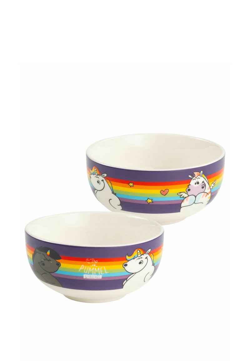 Ciotole in ceramica con finitura lucida. Presentano una base viola con strisce arcobaleno e illustrazioni di unicorni giocosi. Disponibili in due dimensioni, forma arrotondata.