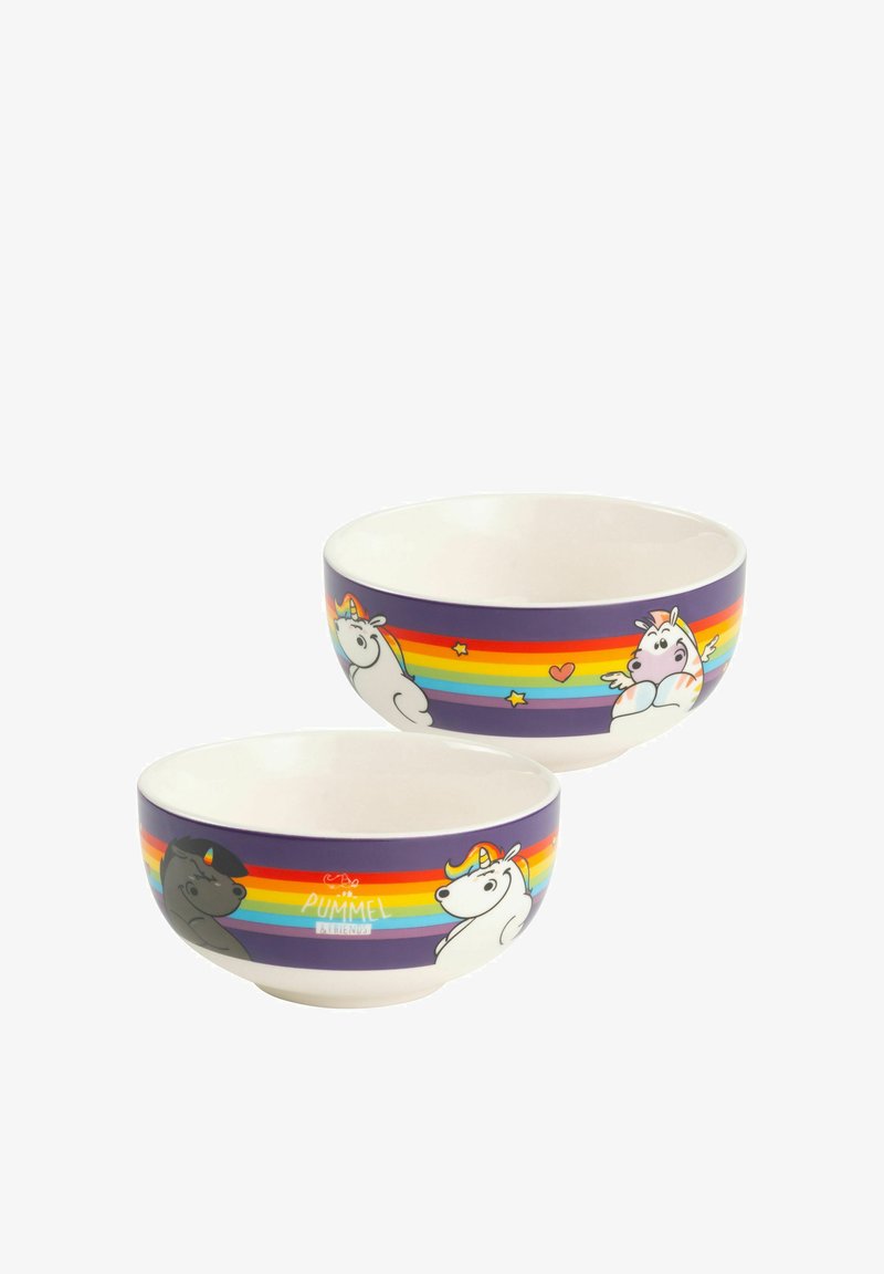 Ciotole in ceramica con finitura lucida. Presentano una base viola con strisce arcobaleno e illustrazioni di unicorni giocosi. Disponibili in due dimensioni, forma arrotondata.