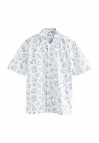 Chemise courte à manches en coton blanc, ornée d'illustrations de fruits et de boissons bleues, avec une coupe décontractée et un col standard.