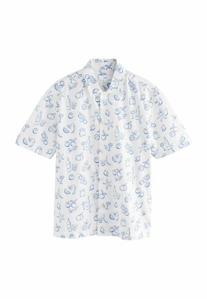 Short-sleeve button-up shirt in white cotton, featuring blue fruit and drink illustrations, with a relaxed fit and standard collar design.
