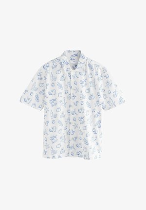 Short-sleeve button-up shirt in white cotton, featuring blue fruit and drink illustrations, with a relaxed fit and standard collar design.