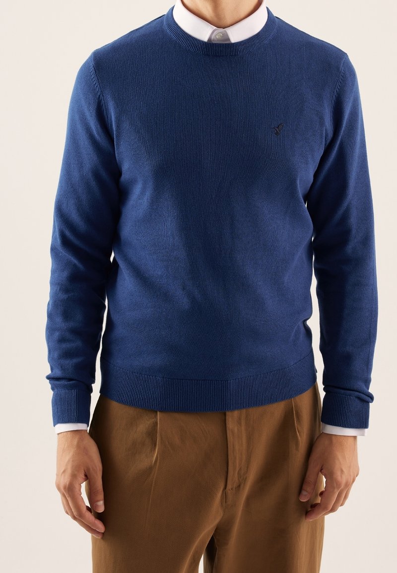 Homme portant un pull bleu à col rond par-dessus une chemise blanche boutonnée, avec un pantalon marron, debout devant un fond clair uni.