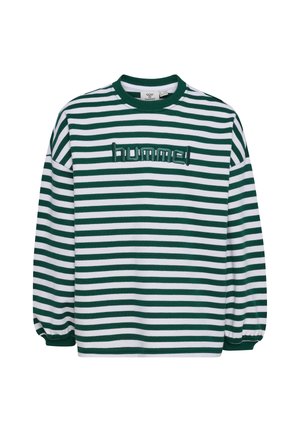 Długi rękaw zielony i biały sweter w poziome paski z zielonymi prążkowanymi mankietami i dekoltem, z haftowanym napisem „hummel” na piersi.