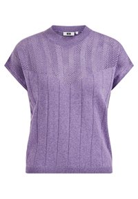 Lila stickad tröja med ett strukturerat mönster över bröstet, korta ärmar och rundad halsringning. Tillverkad av ett lätt material.