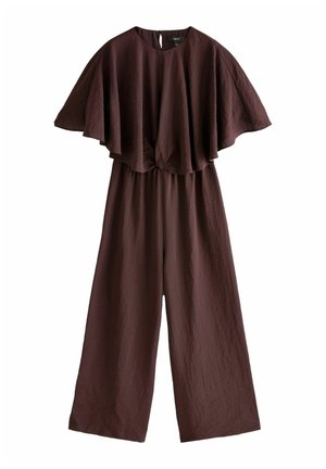 Brun jumpsuit med korta, vida ärmar och en knuten detalj fram. Tillverkad av textil med struktur, har rund halsringning och breda ben.
