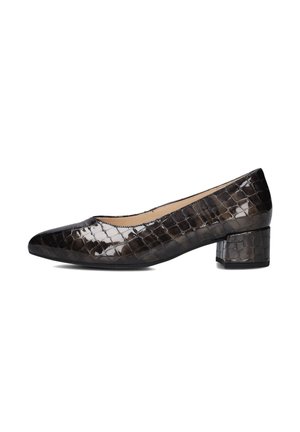 Escarpin en cuir verni noir avec un motif crocodile texturé, bout pointu et talon bloc épais. Finition lisse avec un aspect brillant.