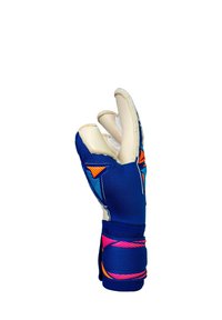 Blue goalkeeper glove with orange, pink, and blue accents, fingers slightly bent, isolated on white background.