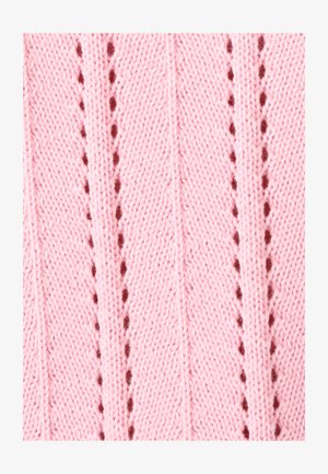 Tela de punto rosa claro con canalé vertical, franjas texturizadas y pequeños detalles de puntadas abiertas que alternan con secciones sólidas.