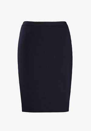 Navy Bleistiftrock aus strukturiertem Stoff, mit einem glatten Bund und einer figurbetonten Silhouette, knielang und mit minimaler Verzierung.