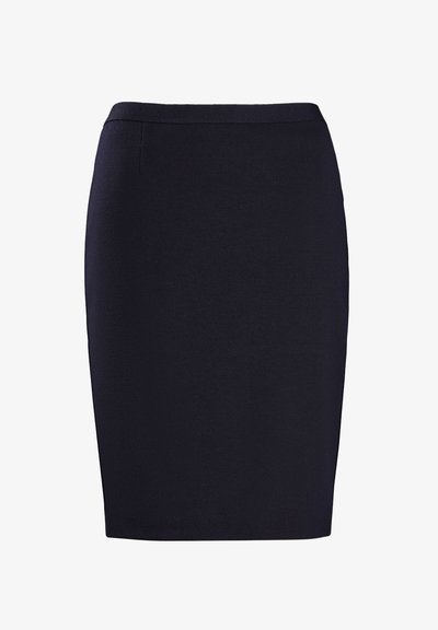 Morska svinčasta krilna suknja od teksturiranog materijala, s glatkim strukom i uskim krojem, do koljena s minimalnim detaljima.