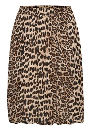 Jupe en imprimé léopard avec un design plissé, fabriquée dans un matériau léger aux tons beiges et marron, avec des accents noirs.