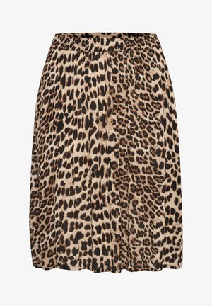 Luipaardprint rok met een geplooid ontwerp, gemaakt van lichtgewicht materiaal in beige en bruine tinten met zwarte accenten.
