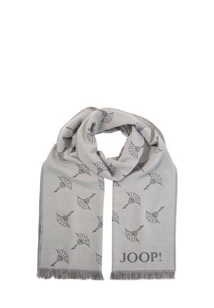 Light gray scarf with dark gray abstract bird patterns and fringed edges, featuring the text "JOOP!" on one end.