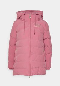 Pink puffer jacket with a hood, featuring horizontal quilting. It has a front zipper, drawstring at the hood, and gold accents.