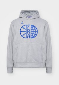 Felpa grigia realizzata in misto cotone, con tasca davanti, cappuccio regolabile e stampa grafica blu di un pallone da basket e un globo con la scritta "FRA."