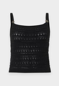 Μαύρο πλεκτό τοπ χωρίς μανίκια με λεπτές τιράντες και μικρές μεταλλικές διακοσμητικές λεπτομέρειες κοντά στους ώμους.