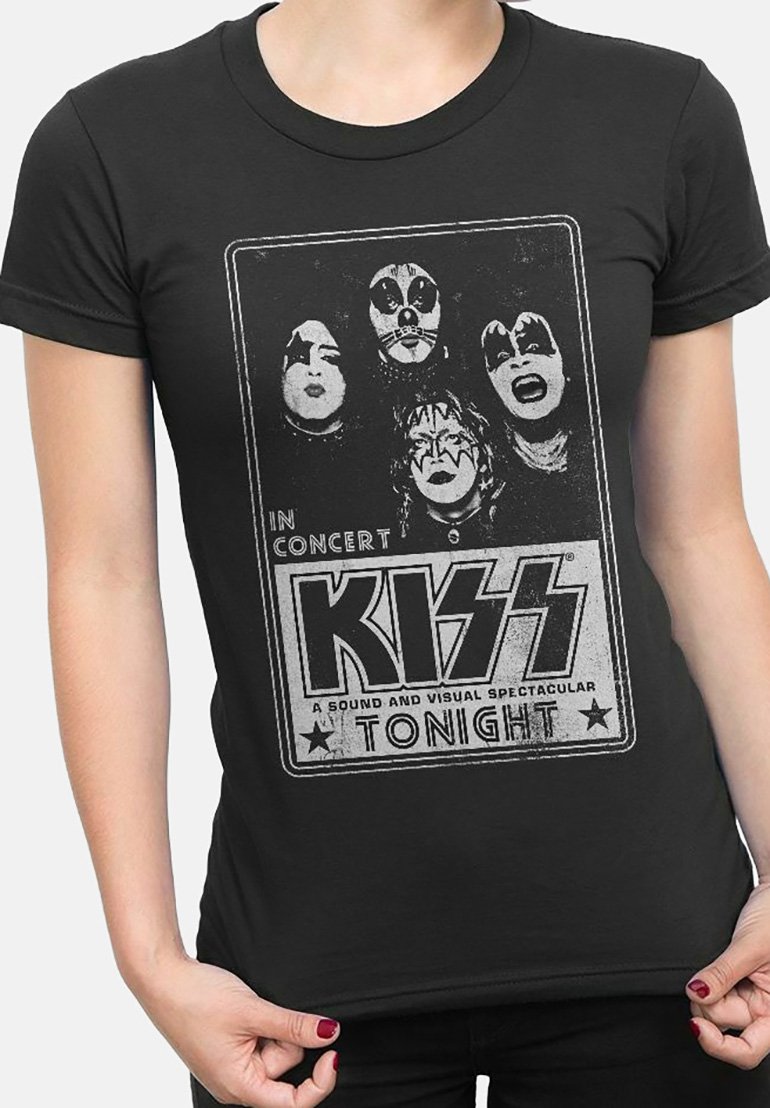 Svart bomulls T-skjorte med et vintage trykk av fire figurer med ansiktsmaling, teksten "KISS" og konsertinformasjon i hvite og grå toner.