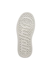 Semelle intérieure en caoutchouc blanc avec un motif géométrique texturé et un logo de marque en relief, présentant un design unique pour une meilleure adhérence.