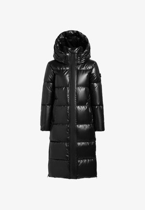 Black insulated puffer coat with a long design, hood, and shiny finish. Features horizontal quilted sections and a front zip closure.