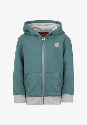 Teal zip-up hoodie lavet af blødt stof med en gråfôret hætte, frontlommer og et lille logo på venstre bryst.