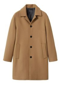 Manteau en laine camel marron à simple boutonnage avec col cranté, quatre boutons noirs, deux poches passepoilées devant et doublure intérieure noire.
