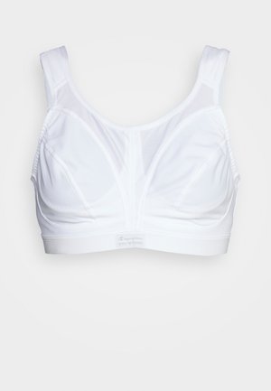 Bijela sportska brassiere s mekim, prozračnim mrežastim panelima. Ima široke naramenice, glatku teksturu i oznaku s natpisom "Champion Shock Absorber."