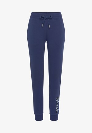 Navyblaue Jogginghosen aus weichem Stoff, mit einem Kordelzugbund, gerippten Bündchen und einem silbernen Logo-Detail am linken Bein.