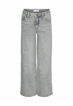 Jeans de tiro alto en color gris claro, confeccionados con tela de mezclilla. Presentan un cierre con cremallera y botón, cinco bolsillos y detalles de costura sutil a lo largo de las costuras.