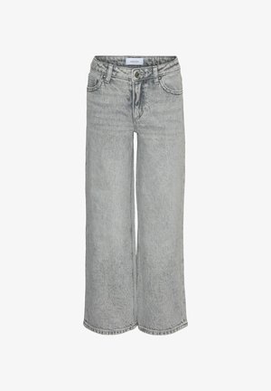 Lichtgrijze wijde jeans gemaakt van denimstof. Bevat een rits- en knoopsluiting, vijf zakken en subtiele stikdetails langs de naden.