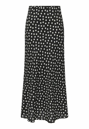 Jupe midi noire à pois, réalisée dans un tissu léger et fluide, avec une coupe évasée et une taille élastique pour plus de confort.