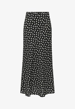 Jupe midi noire à pois, réalisée dans un tissu léger et fluide, avec une coupe évasée et une taille élastique pour plus de confort.