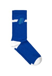Blauer Baumwollsocken mit weißem Streifen und Ferse. Verfügt über ein grünes gesticktes Logo auf der Vorderseite. Geripptes Muster, in knöchelhöhe.