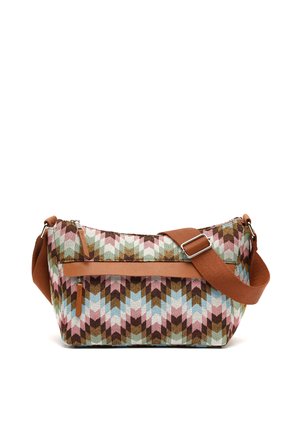 Crossbody bag with adjustable brown strap, front zip pocket, and multicolor chevron pattern in pink, brown, blue, and green tones.
