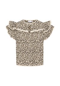 Blouse à manches courtes en imprimé animal, avec des manches à volants et une bordure en dentelle. Fabriquée en tissu léger dans des tons beige et marron.