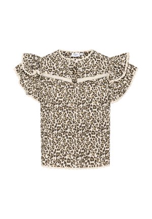 Kurzärmlige Bluse im Tierdruck mit Rüschensäumen und Spitze. Hergestellt aus leichtem Stoff in Beige- und Brauntönen.