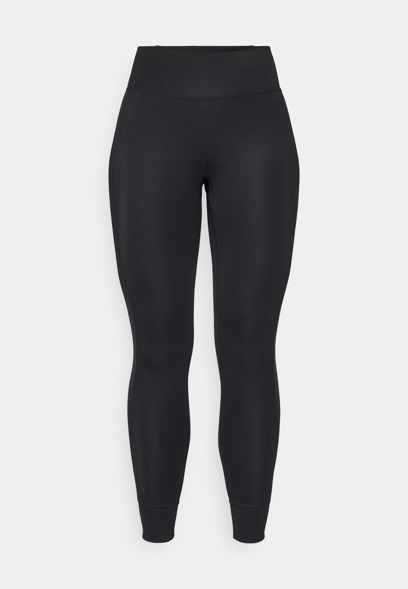 Schwarze Leggings aus dehnbarem Stoff, mit hoher Taille, schmal zulaufenden Beinen und umgeschlagenen Säumen, in einer glatten, matten Textur.