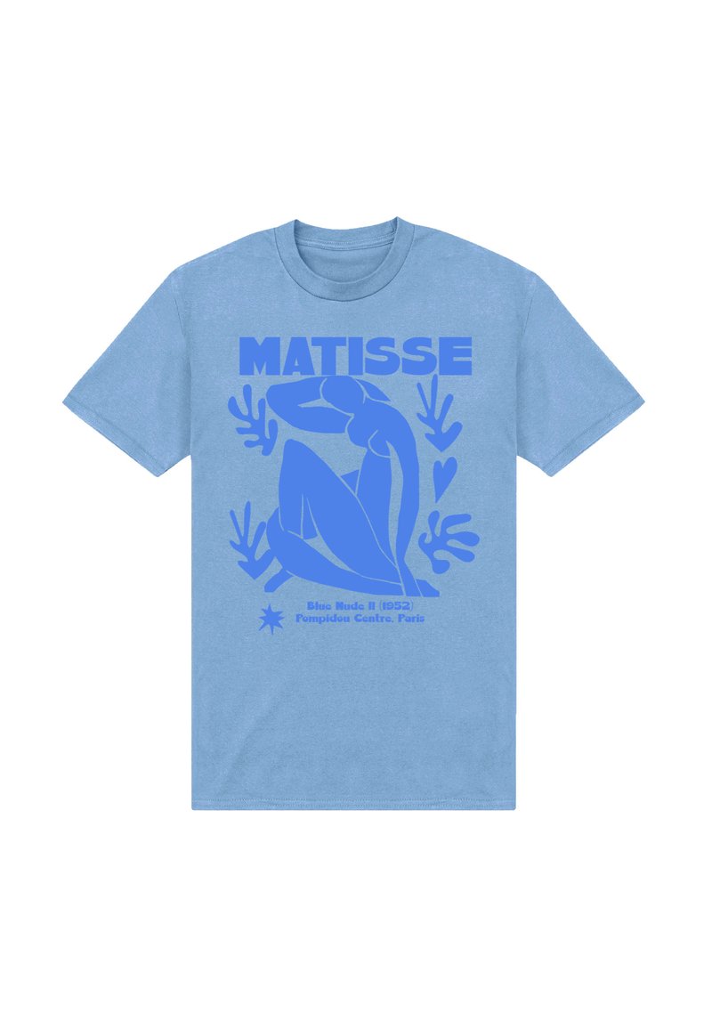 Světle modré tričko s modrou grafikou sedící postavy, text "MATISSE" a "Blue Nude II (1952)", se zelenými akcenty.